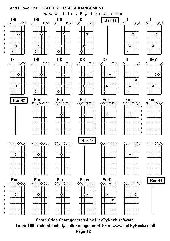 Chord Grids Chart of chord melody fingerstyle guitar song-And I Love Her - BEATLES - BASIC ARRANGEMENT,generated by LickByNeck software.